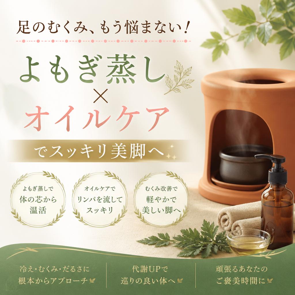 足のむくみ、もう悩まない！
よもぎ蒸し×オイルケアでスッキリ美脚へ